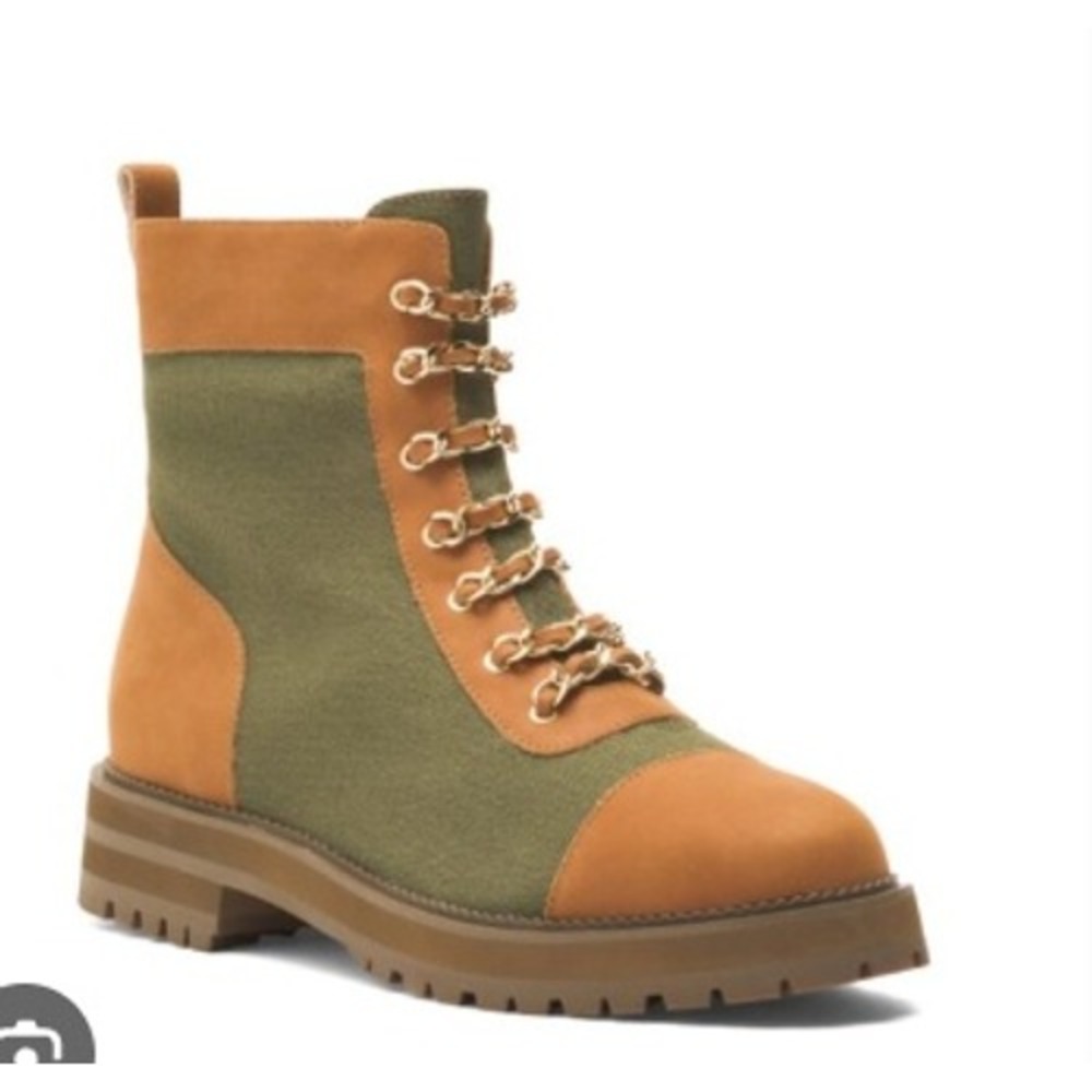 Cecelia New York Chance Combat Boots Women 8.5 Olive Tan Leather Chain Lace NEW